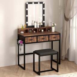 FurnitureHMD 3 Drawer 4 Shelf Rustic Industrial Style LED Light Makeup Vanity with Mirror - Size: 142.5 x 90 x 40cm - n/a - Wilko - thumbnail 1