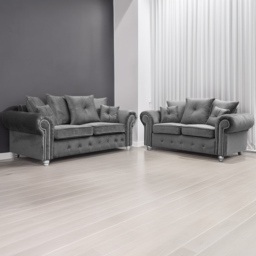 Portland Zoey 5 Seater Grey Plush Velvet Chesterfield Style Sofa Suite - Wilko