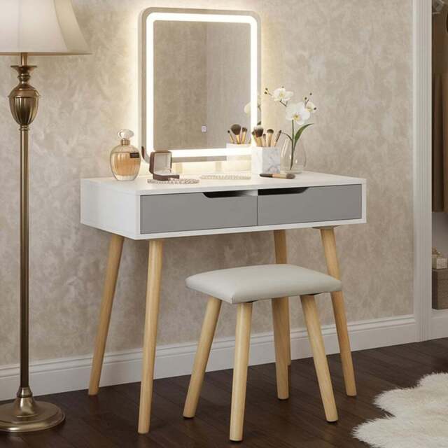 Alivio 2 Drawer Grey Vanity Dressing Table Set with LED Mirror - Size: 129 x 80 x 40cm - Wilko - image 1