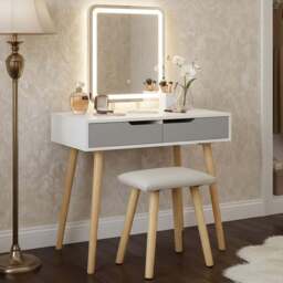 Alivio 2 Drawer Grey Vanity Dressing Table Set with LED Mirror - Size: 129 x 80 x 40cm - Wilko - thumbnail 1