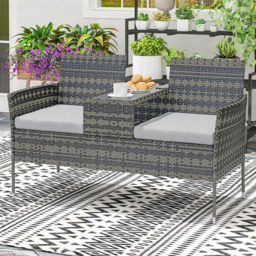Outsunny 2 Seater Charcoal Grey Rattan Garden Bench with Glass Table - Wilko - thumbnail 1