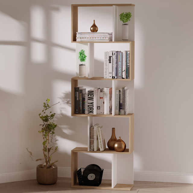 Portland 5 Shelf White S Shape Bookcase - Brown - Wilko - image 1