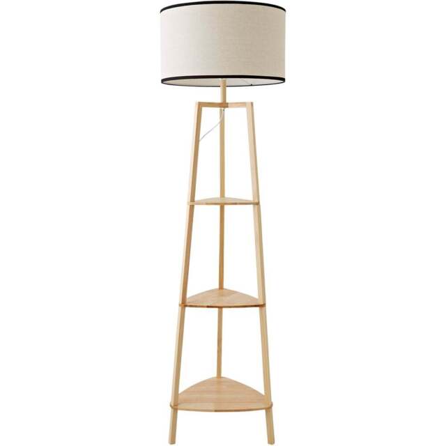 ValueLights Hiru 3 Shelf Black Trim Linen Shade Floor Lamp and Bulb - Cream - Wilko - image 1