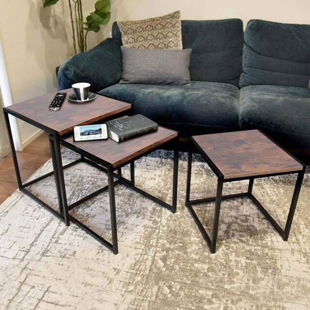 Living and Home Set of 3 Industrial Style Nest of Tables - Brown - Wilko - image 1