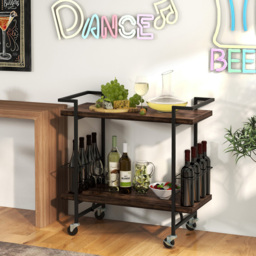 Costway 2 Shelf Rustic Brown Home Bar Cart with Lockable Wheels - Size: 95 x 46 x 16cm - Wilko - thumbnail 3
