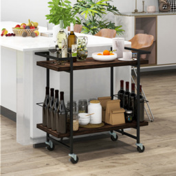 Costway 2 Shelf Rustic Brown Home Bar Cart with Lockable Wheels - Size: 95 x 46 x 16cm - Wilko - thumbnail 7