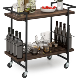 Costway 2 Shelf Rustic Brown Home Bar Cart with Lockable Wheels - Size: 95 x 46 x 16cm - Wilko - thumbnail 4