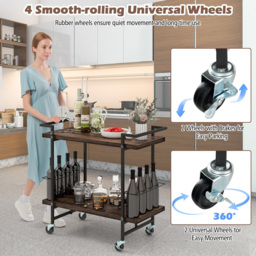 Costway 2 Shelf Rustic Brown Home Bar Cart with Lockable Wheels - Size: 95 x 46 x 16cm - Wilko - thumbnail 6