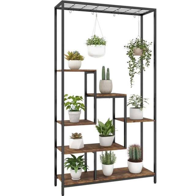 Costway 6 Tier Rustic Brown Plant Stand with Hanging Hooks - Size: 111.8 x 40.6 x 20.32cm - Wilko - image 1