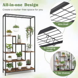 Costway 6 Tier Rustic Brown Plant Stand with Hanging Hooks - Size: 111.8 x 40.6 x 20.32cm - Wilko - thumbnail 5