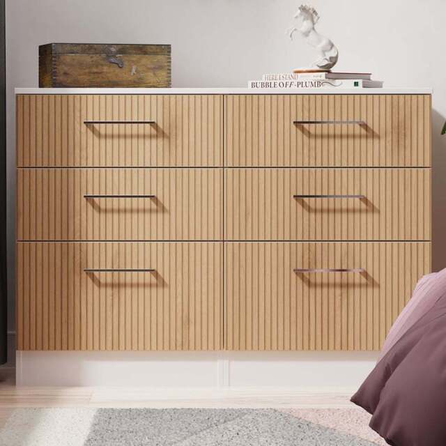 Crowndale Worcester 6 Drawer Slatt Effect and White Wide Chest of Drawers Ready Assembled - Slatt Effect & White - Wilko - image 1