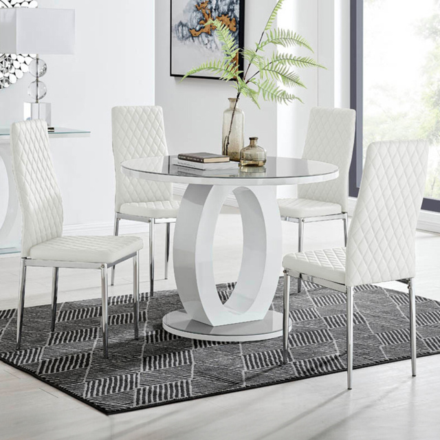 Furniturebox Lucia Valera 4 Seater Round Dining Set Grey Gloss White and Chrome - Wilko - image 1