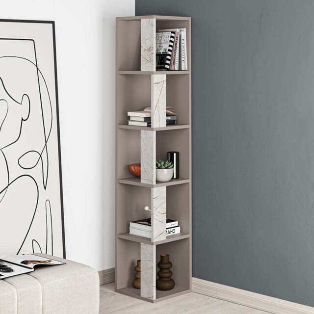 Decortie Piano Mocha Grey and Gold Marble Effect Tall Corner Bookcase - Multi - Wilko - image 1