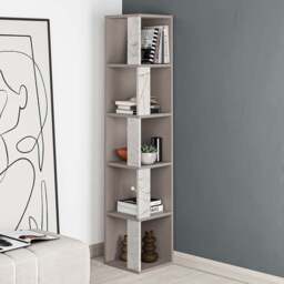 Decortie Piano Mocha Grey and Gold Marble Effect Tall Corner Bookcase - Multi - Wilko