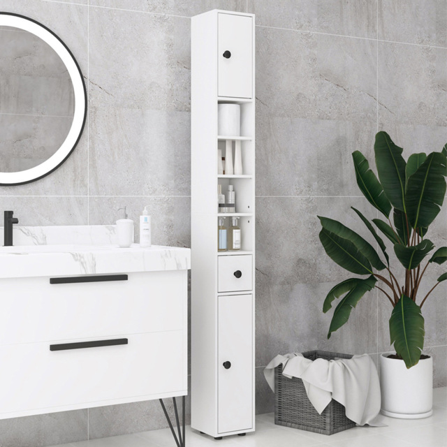 Kleankin White 3 Door 4 Shelf Slim Bathroom Cabinet - Size: 180.0 cm x 20.0 cm x 20.0 cmcm - Wilko - image 1