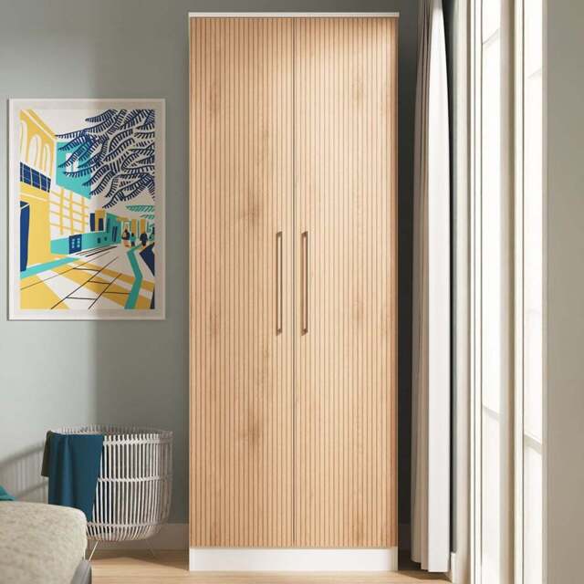 Crowndale 2 Door Slatt Effect and White Tall Wardrobe Ready Assembled - Size: 2 Door 2 Drawer - Slatt Effect & White - Wilko - image 1