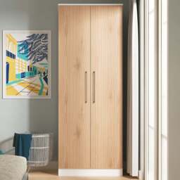 Crowndale 2 Door Slatt Effect and White Tall Wardrobe Ready Assembled - Size: 2 Door 2 Drawer - Slatt Effect & White - Wilko - thumbnail 1