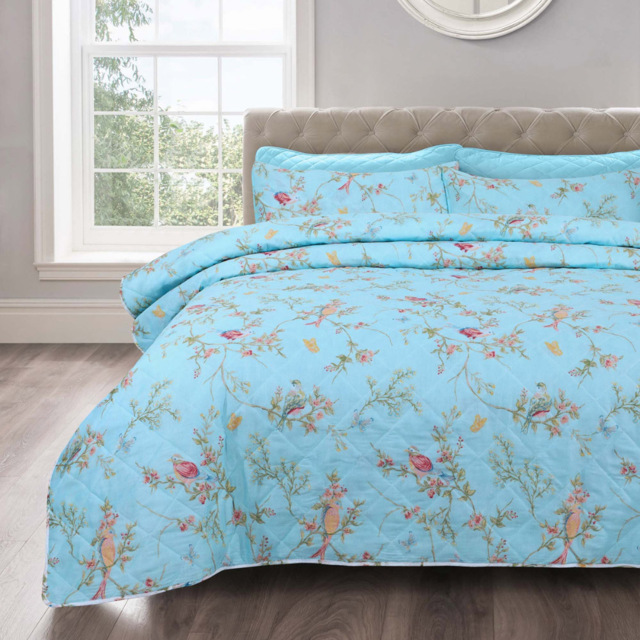 Velosso Double Birds Floral Duck Egg Bedspread Set - Blue - Wilko - image 1