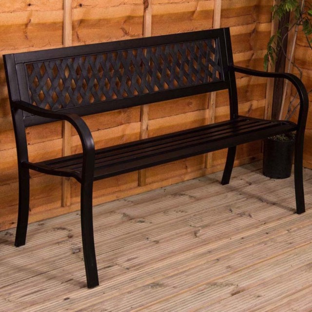 Garden Vida Lattice Style Steel Garden Bench - Size: 2 Seater - Black - Wilko