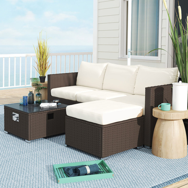 Outsunny 4 Seater Brown and Cream Rattan Sofa Set with Footstool - Wilko