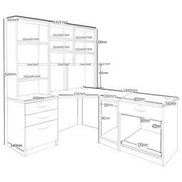 R White Cabinets 4 Drawer Corner Set-20 Computer Desk with Printer Shelf and Bookcase Grey - Size: 182.8 x 184 x 141.9cm - Wilko - thumbnail 6