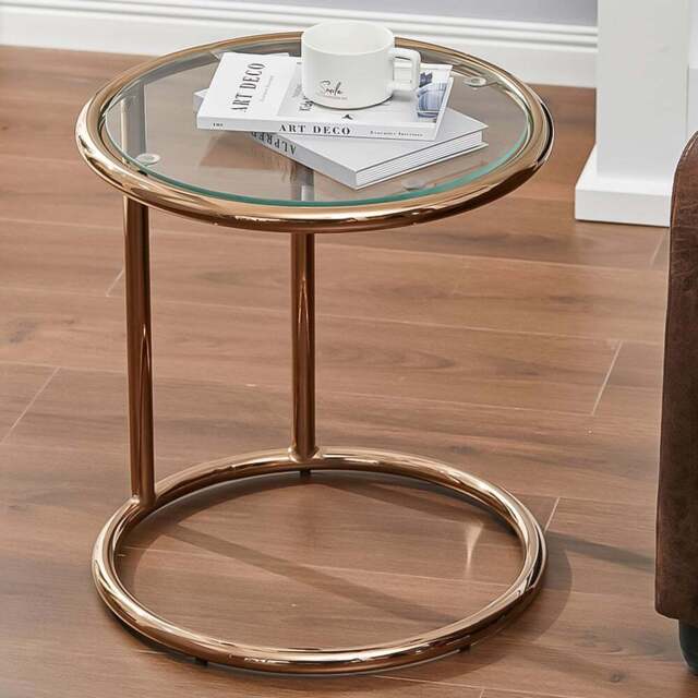 Living and Home Clear Tempered Glass Round Side Table with Metal Base - Size: 49 x 45 x 45cm - Gold - Wilko - image 1
