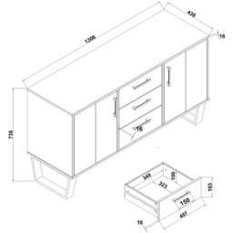 Texas 2 Door 3 Drawer Grey Medium Sideboard - Size: 43 x 130 x 73cm - Wilko - thumbnail 7