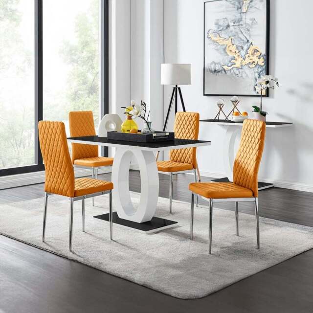 Furniturebox Lucia Valera 4 Seater Dining Set Black Gloss Mustard Yellow and Chrome - Wilko - image 1