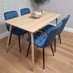 Kosy Koala 4 Seater Velvet Wooden Oak Effect Dining Set Blue - Beige - Wilko