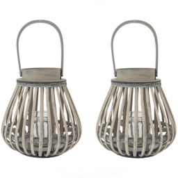 JVL Luna Grey Wash Natural Willow Wood Bulb Shaped Lantern with Wooden Handle 2 Pack - Size: 21.5 x 21.5 x 21.5cm - Wilko - thumbnail 1