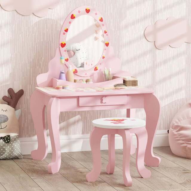 AIYAPLAY 2 Piece Pink Kids Dressing Table and Stool Set - Size: 89 x 45 x 65cm - Wilko - image 1