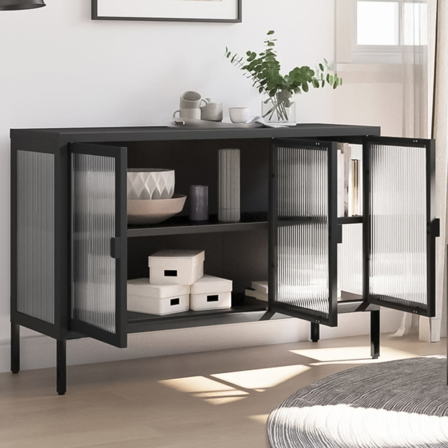 vidaXL 3 Fluted Glass Door Black Modern Sideboard - Size: 70 x 105 x 35cm - Wilko - image 1