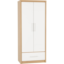 Seconique Seville 2 Door Single Drawer White Gloss Light Oak Effect Veneer Wardrobe - Size: 2 Door, Single Drawer - Wilko - thumbnail 3