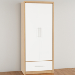 Seconique Seville 2 Door Single Drawer White Gloss Light Oak Effect Veneer Wardrobe - Size: 2 Door, Single Drawer - Wilko - thumbnail 1