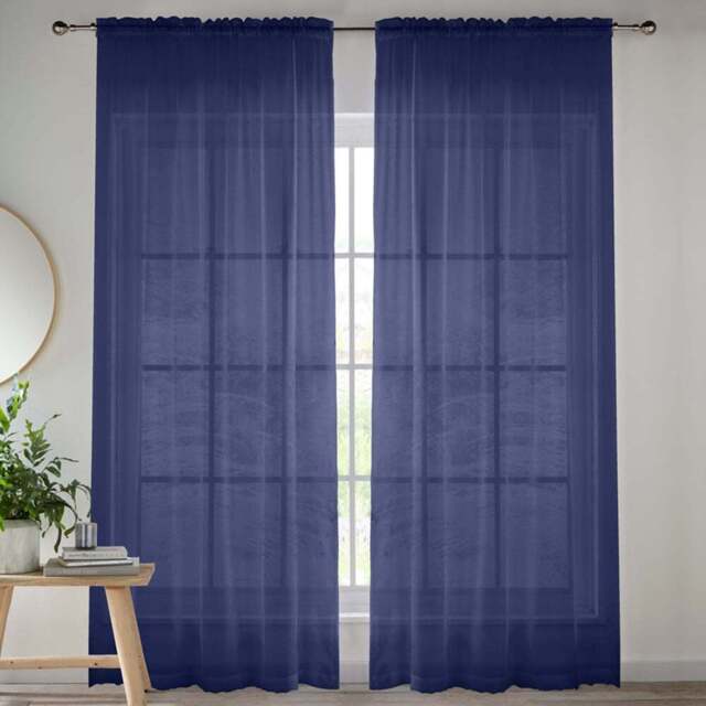 Tyrone Textiles Crystal Navy Plain Sheer Voile Panel Curtain 145 x 122cm - Size: 122 x 145 x 1cm - Blue - Wilko - image 1