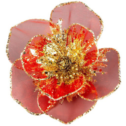 Shatchi Red and Gold Glitter Net Poinsettia Artificial Flower 6 Pack - Size: 6 x 7 x 5cm - Wilko