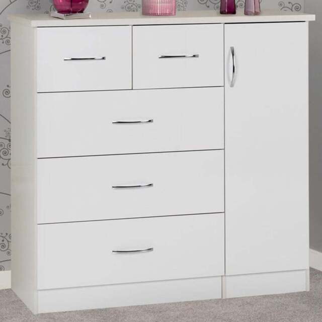 Seconique Nevada 5 Drawer Gloss White Low Wardrobe - Size: Single Door, 5 Drawer - Wilko - image 1