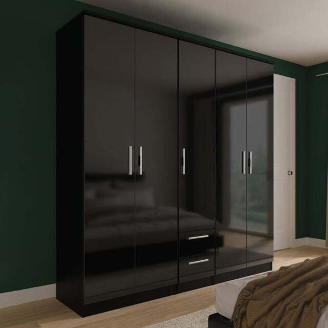 Crowndale Knightsbridge 5 Door 2 Drawer Black Gloss and Black Tall Wardrobe Ready Assembled - Black Gloss & Black - Wilko - image 1