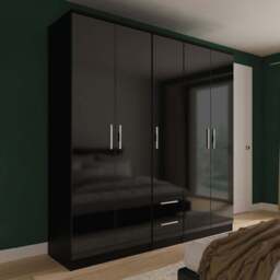 Crowndale Knightsbridge 5 Door 2 Drawer Black Gloss and Black Tall Wardrobe Ready Assembled - Black Gloss & Black - Wilko - thumbnail 1