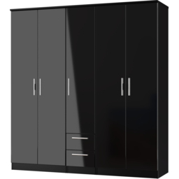 Crowndale Knightsbridge 5 Door 2 Drawer Black Gloss and Black Tall Wardrobe Ready Assembled - Black Gloss & Black - Wilko - thumbnail 3