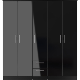 Crowndale Knightsbridge 5 Door 2 Drawer Black Gloss and Black Tall Wardrobe Ready Assembled - Black Gloss & Black - Wilko - thumbnail 4