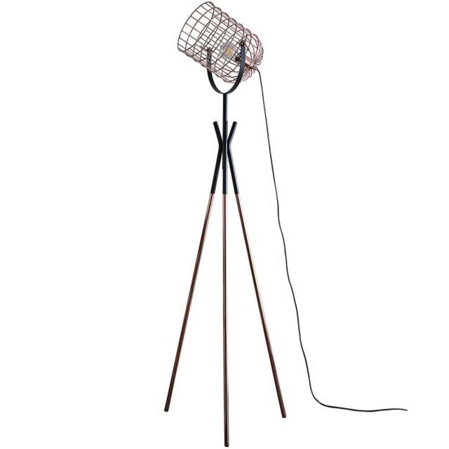 Kliving Fulton Copper and Black Industrial Metal Cage Tripod Floor Lamp - Size: 145 x 40 x 40cm - Wilko - image 1