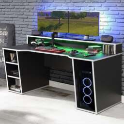 Florence Tezaur 4 Shelf Black LED Gaming Desk with White Trim - Furniture To Go - Wilko - thumbnail 1