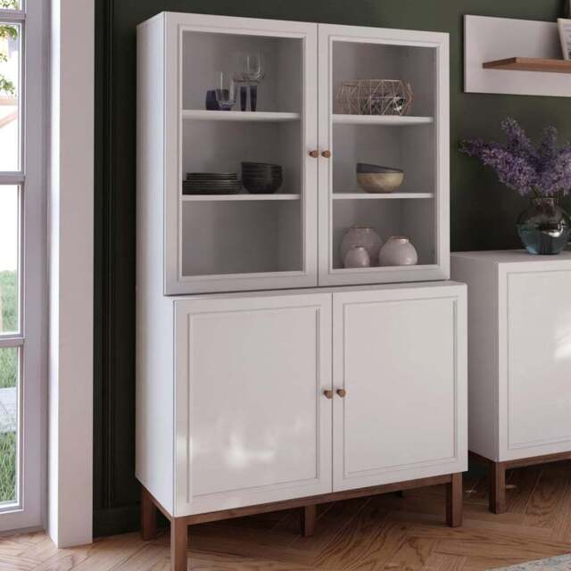 Florence Wensley 4 Door Light Grey and Oak Glass Display Cabinet - Size: 162.8 x 99.9 x 41.7cm - Multi - Furniture To Go - Wilko - image 1
