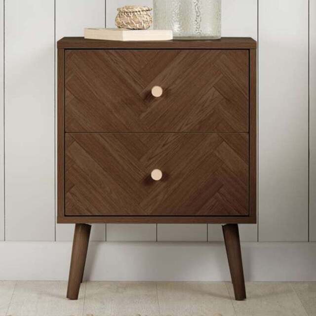 Herringford 2 Drawer Walnut Chevron Bedside Table - Brown - Birlea - Wilko - image 1