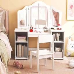 Costway 4 Shelf Kids White Vanity Table and Chair Set with Mirror - Size: 77 x 57 x 24cm - Wilko