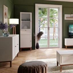 Florence Wensley 2 Door Single Drawer Light Grey and Oak Glass Display Cabinet with LED Lighting - Size: 184.6 x 50.2 x 41.7cm - Multi - Furniture To - thumbnail 7
