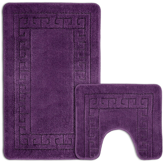Velosso Greek Key Aubergine and Mauve Bath Mat Set - Purple - Wilko - image 1