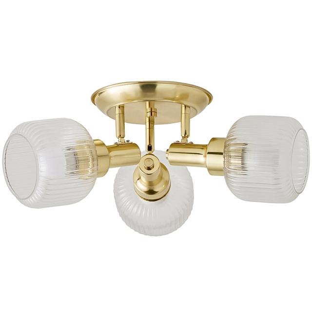 ValueLights Calpe Ribbed Clear Shades 3 Way Antique Brass Adjustable Ceiling Spotlight with Bulbs - Size: 22 x 40 x 40cm - Wilko - image 1