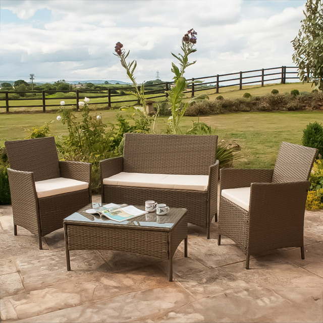 Brooklyn 4 Seater Brown Rattan Sofa Chair and Table Set - Wilko - image 1